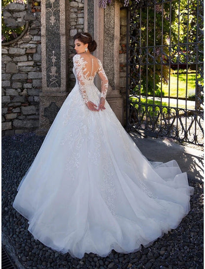 Engagement Formal Fall Wedding Dresses Ball Gown Illusion Neck Long Sleeve Court Train Lace Bridal Gowns With Lace Appliques Summer Wedding Party, Women‘s Clothing