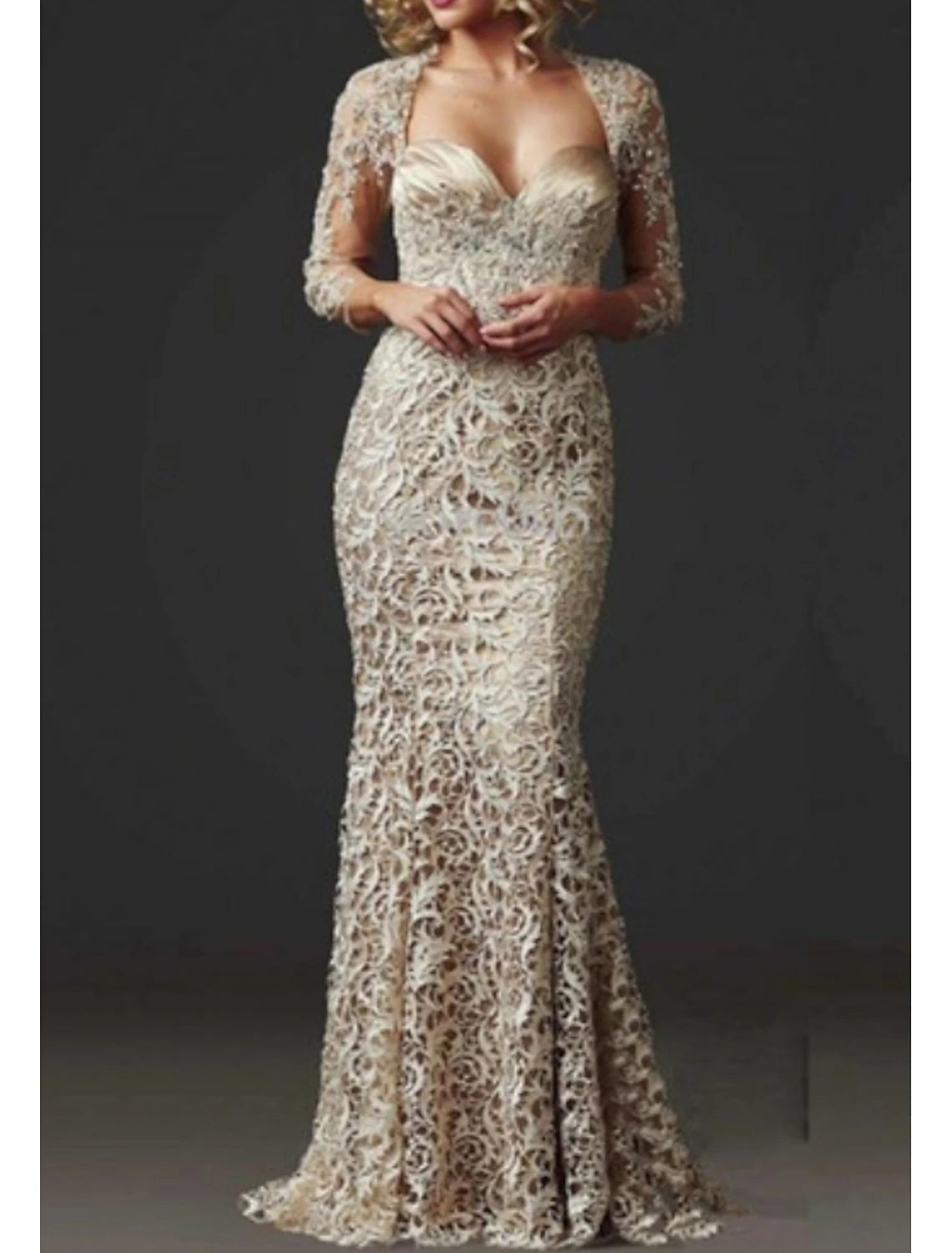 Mermaid / Trumpet Floor Length Lace Wedding Guest 3/4 Length Sleeve Mother of the Bride Dress