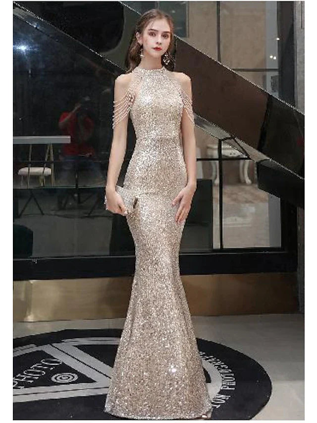 Mermaid / Trumpet Sparkle Prom Dress Bodycon Engagement Formal Evening Dress Halter Neck Sleeveless Floor Length Sequined with Beads Tassel