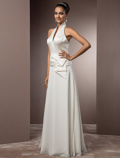 Sheath / Column Halter Sleeveless Floor Length Satin Bridal Gowns With Sash / Ribbon Wedding Dresses