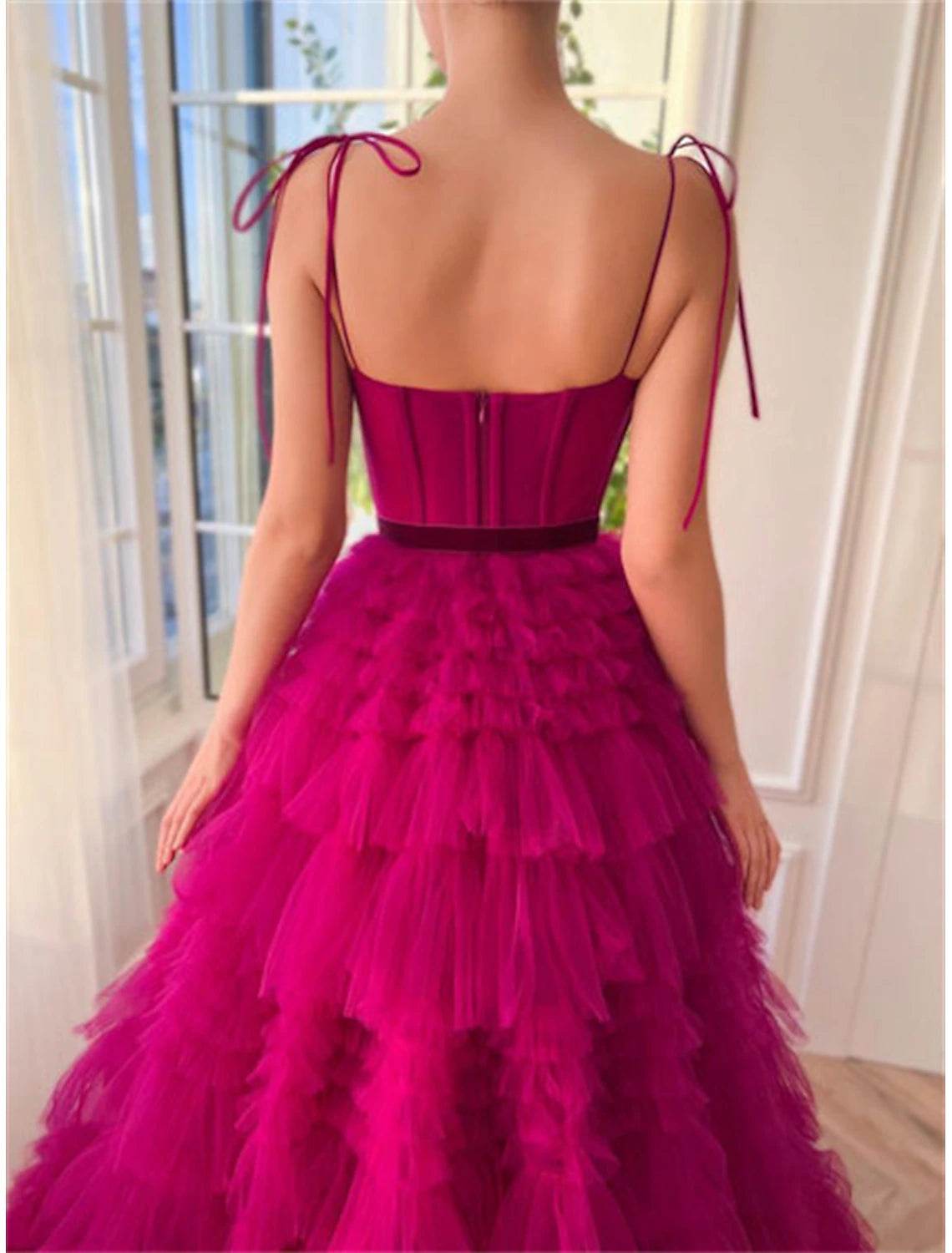 Ball Gown Evening Gown Wedding Party Birthday Floor Length Sleeveless Spaghetti Strap Tulle with Ruffles Strappy