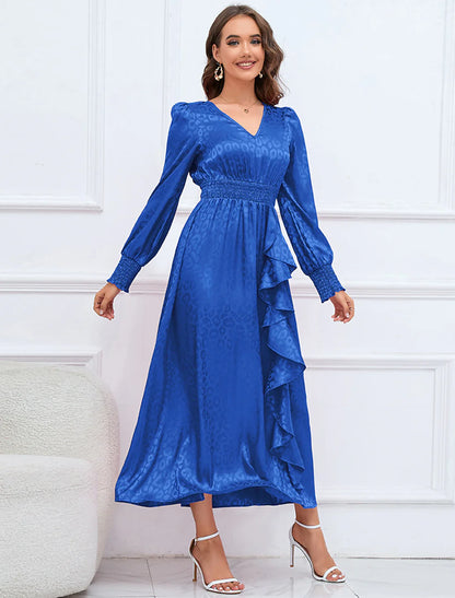 A-Line Party Dresses Elegant Dress Formal Fall Ankle Length Long Sleeve V Neck Satin with Ruffles Print