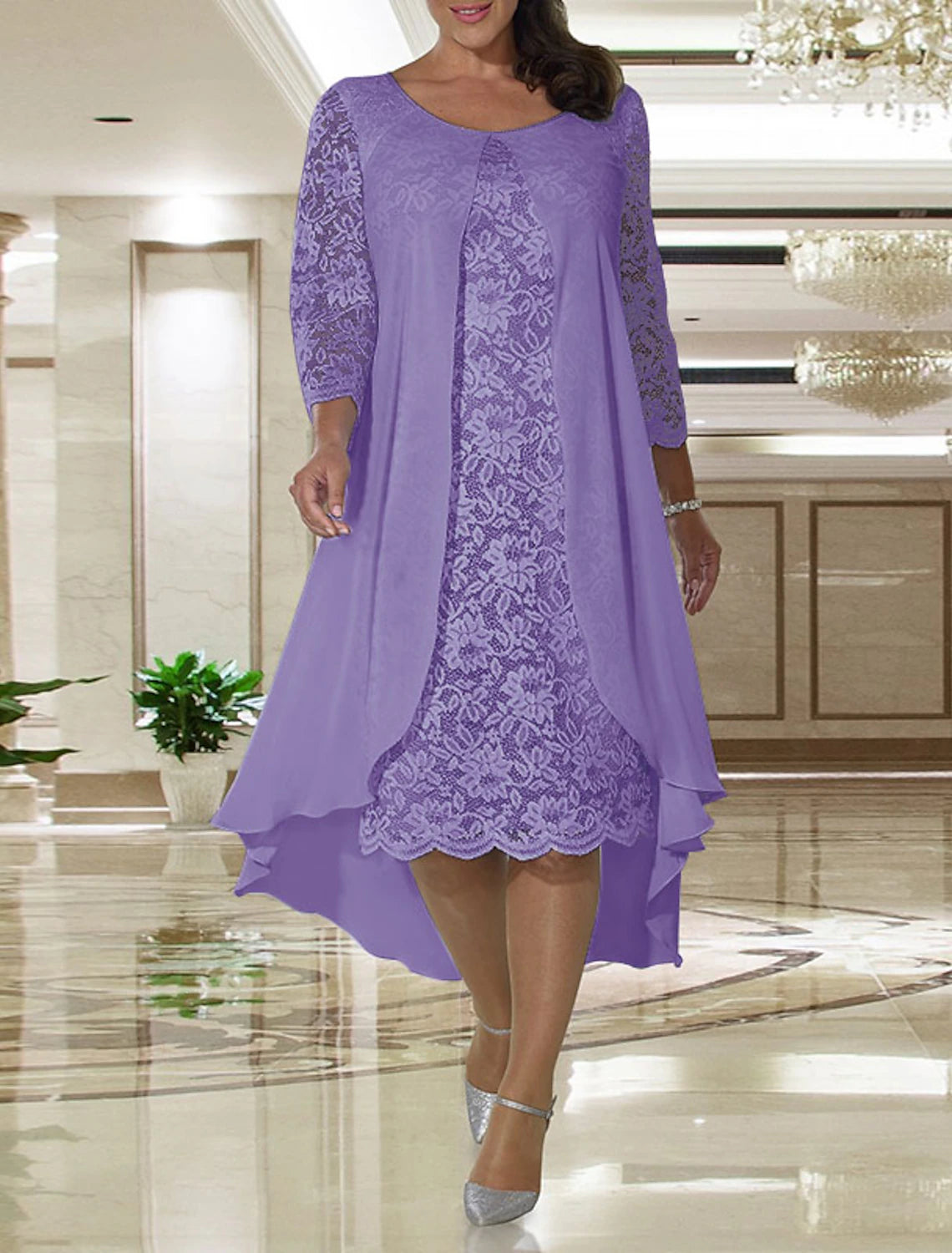 A-Line  Plus Size Jewel Neck Wedding Guest Dress Knee Length Chiffon Lace Long Sleeve Mother of the Bride Dress