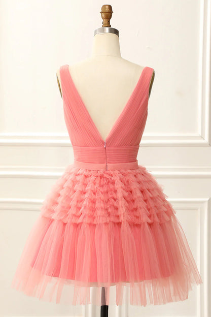 A Line Tulle Short/Mini V-Neck Homecoming Dress With Ruffles