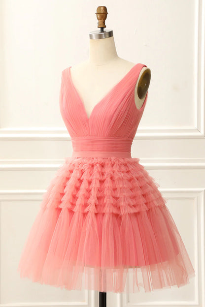 A Line Tulle Short/Mini V-Neck Homecoming Dress With Ruffles