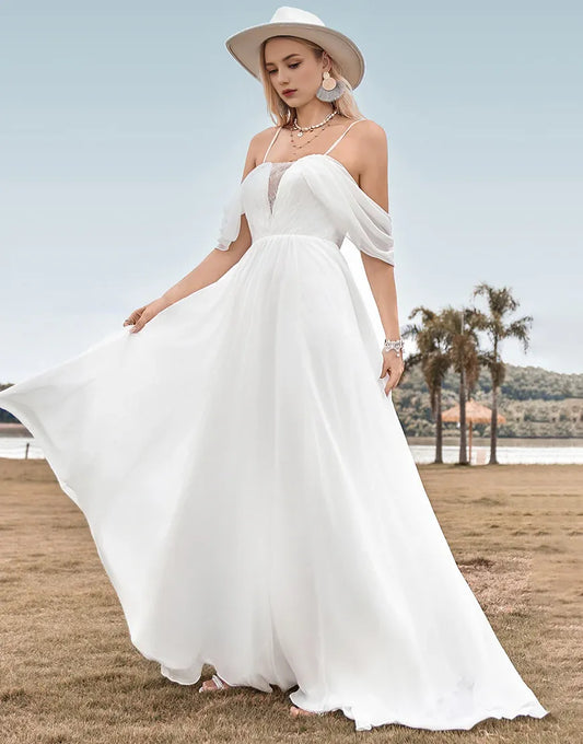 A Line Off The Shoulder Ivory Boho Chiffon Ruched Wedding Dress