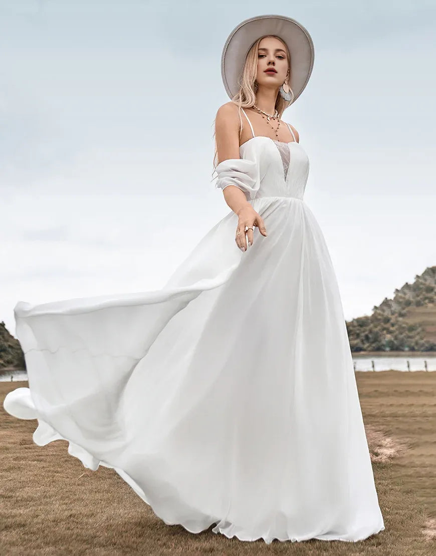 A Line Off The Shoulder Ivory Boho Chiffon Ruched Wedding Dress