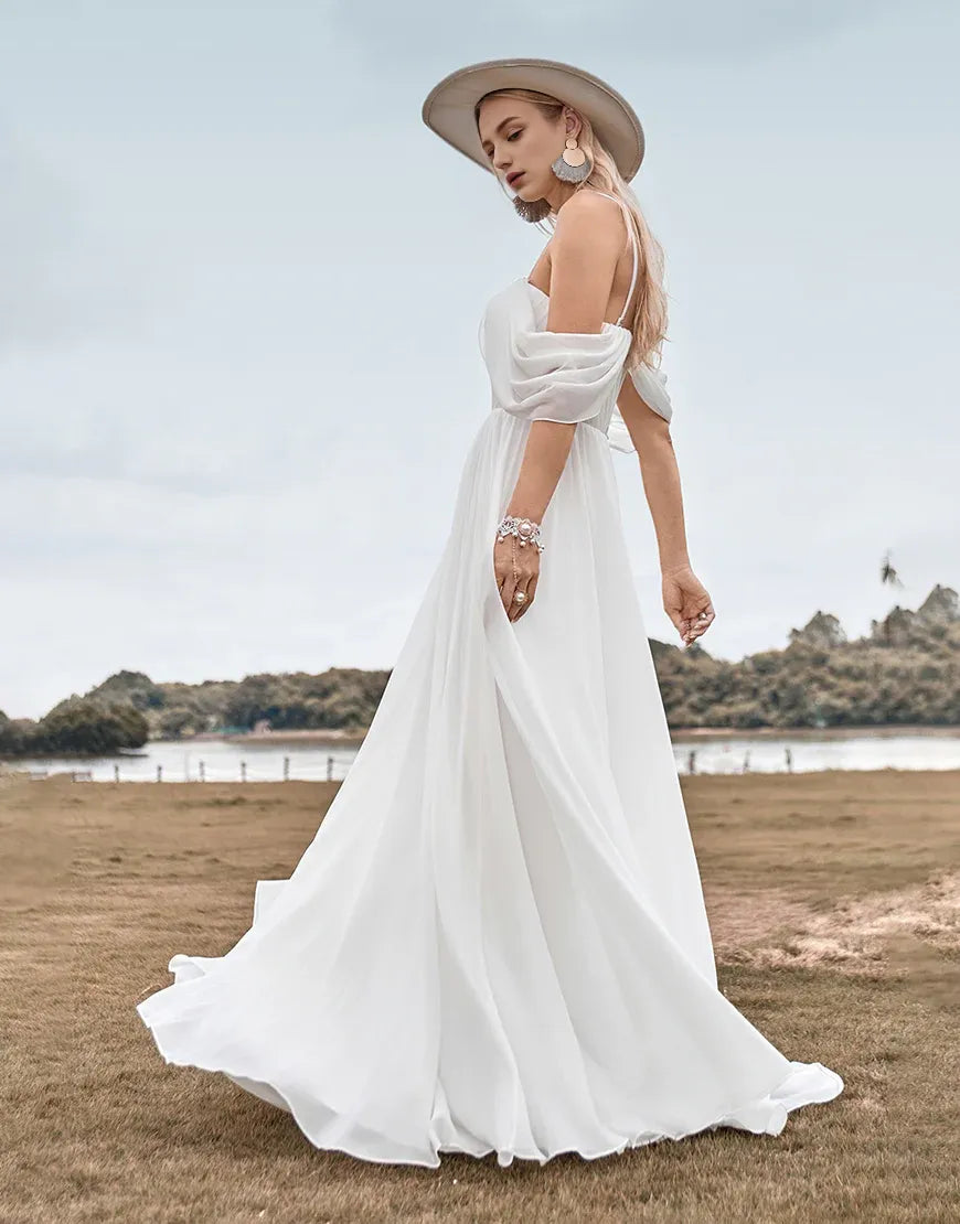 A Line Off The Shoulder Ivory Boho Chiffon Ruched Wedding Dress