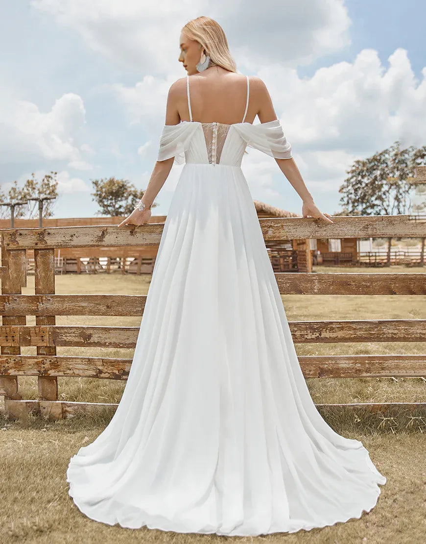 A Line Off The Shoulder Ivory Boho Chiffon Ruched Wedding Dress