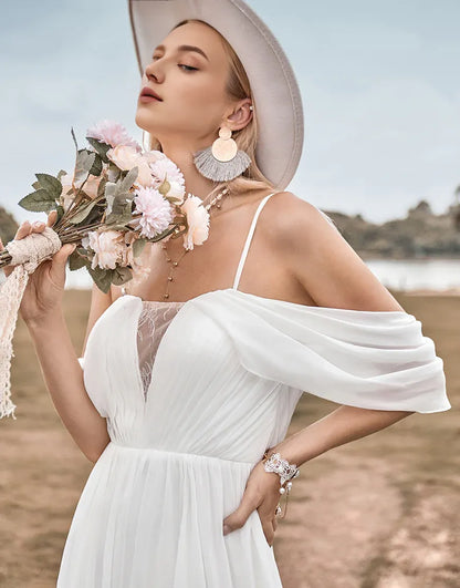 A Line Off The Shoulder Ivory Boho Chiffon Ruched Wedding Dress