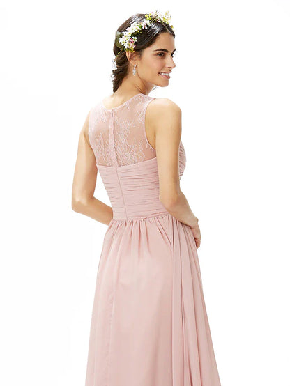 A-Line Bridesmaid Dress Jewel Neck Sleeveless See Through Floor Length Chiffon / Lace with Lace / Criss Cross / Pleats