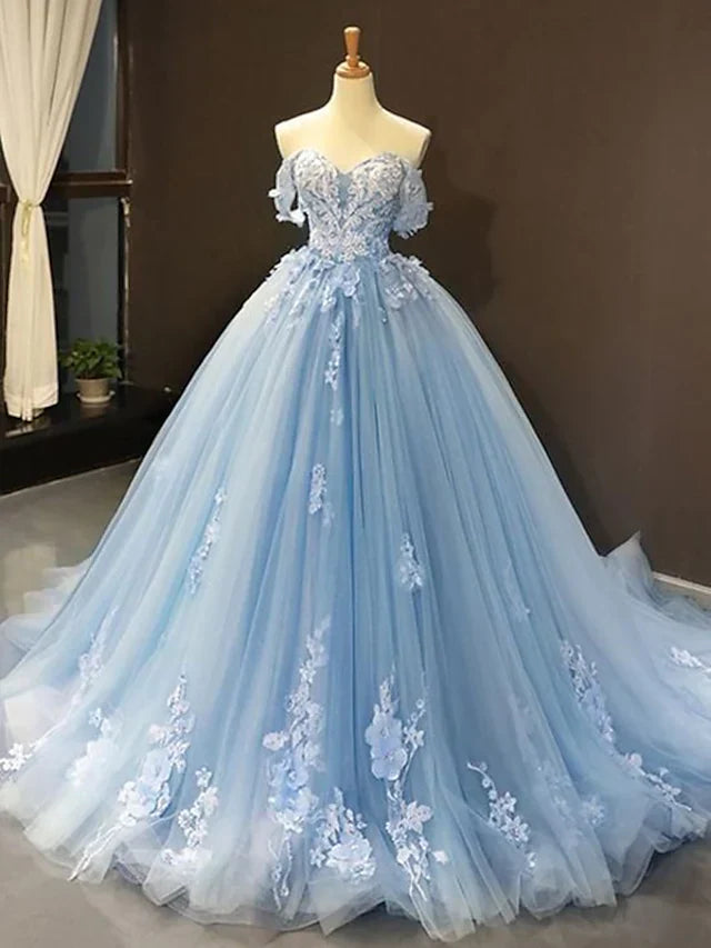 A Line Ball Gown Prom Dresses Floral Dress Quinceanera Court Train Short Sleeve Sweetheart Lace with Pleats Appliques
