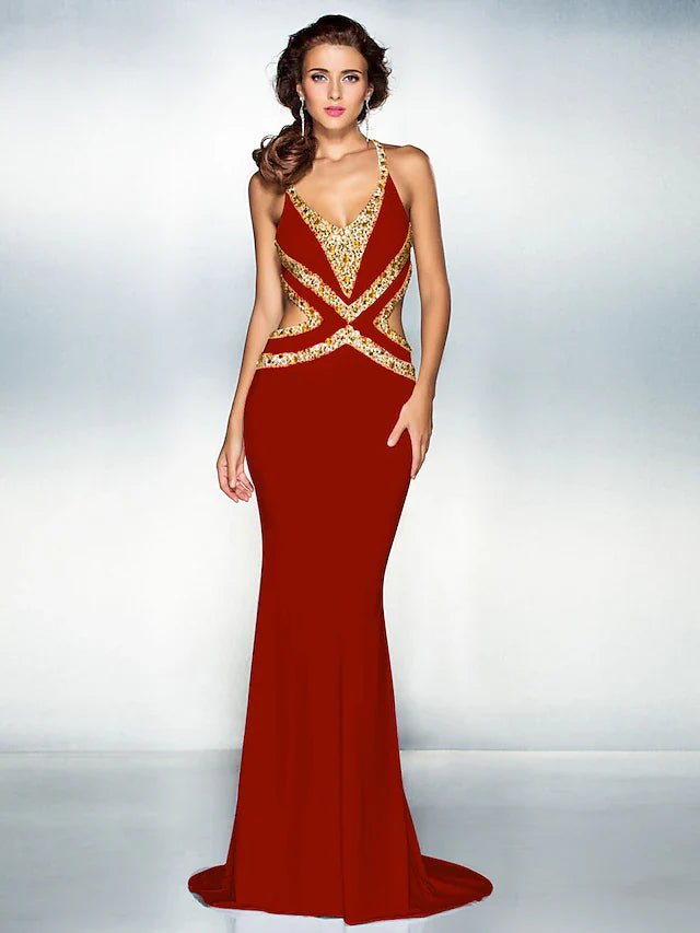 Mermaid / Trumpet Sparkle Dress Wedding Guest Sweep / Brush Train Sleeveless V Neck Jersey Crisscross Back with Crystals