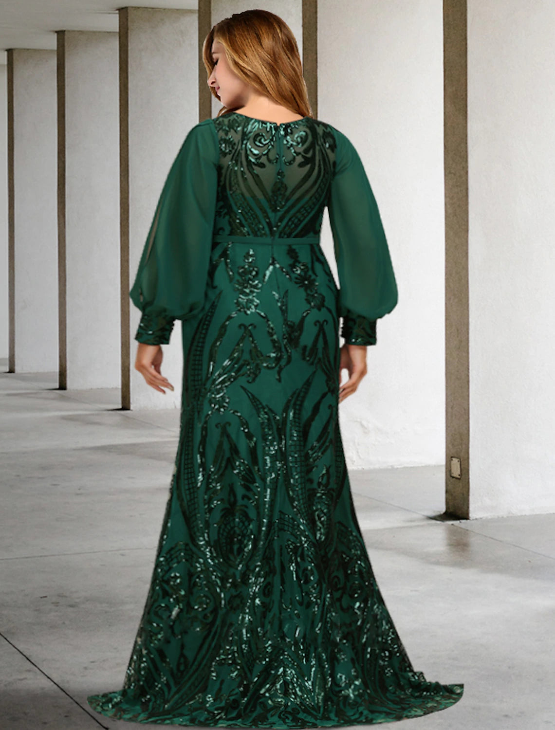 Mermaid / Trumpet Plus Size Curve Mother of the Bride Dresses Elegant Dress Formal Wedding Guest Sweep / Brush Train Long Sleeve Jewel Neck Chiffon with Sequin