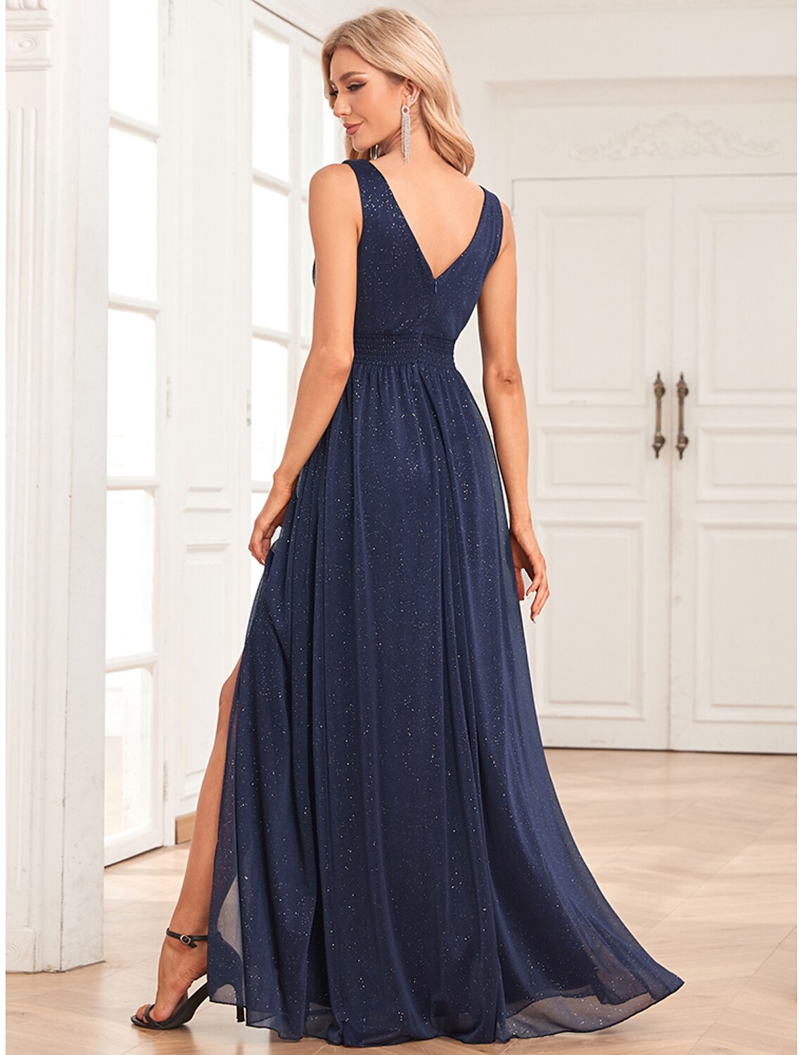 A-Line Evening Gown Elegant Dress Wedding Guest Party Wear Floor Length Sleeveless V Neck Spandex V Back with Glitter Slit