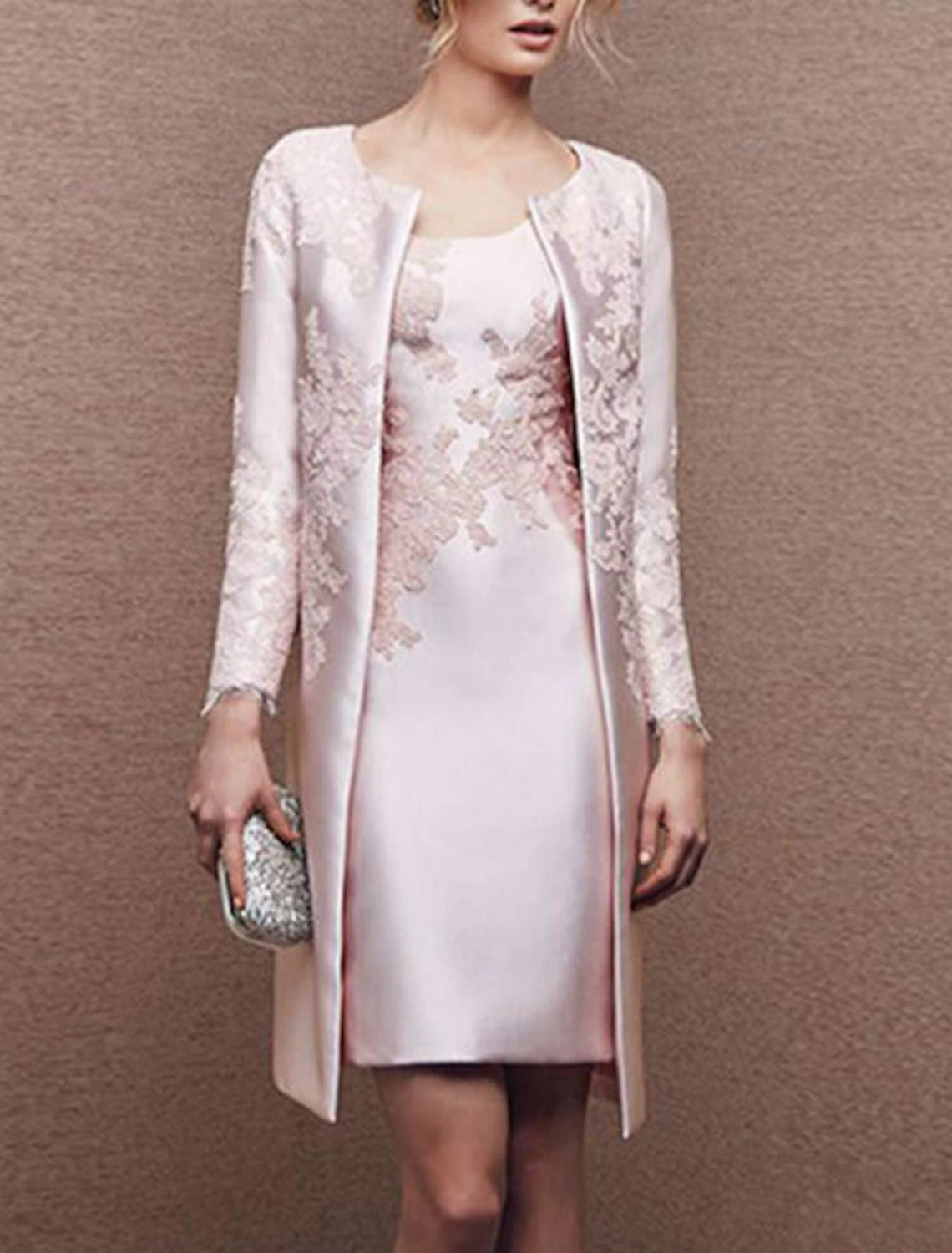 Two Piece Sheath / Column Mother of the Bride Dress Wedding Guest Church Elegant Plus Size Scoop Neck Knee Length Satin Lace Sleeveless Wrap Included Jacket Dresses with Appliques