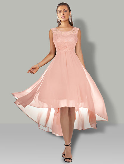 A-Line WE Party Dress Wedding Guest Cocktail Party Asymmetrical Sleeveless Jewel Neck Chiffon with Pleats Lace Insert