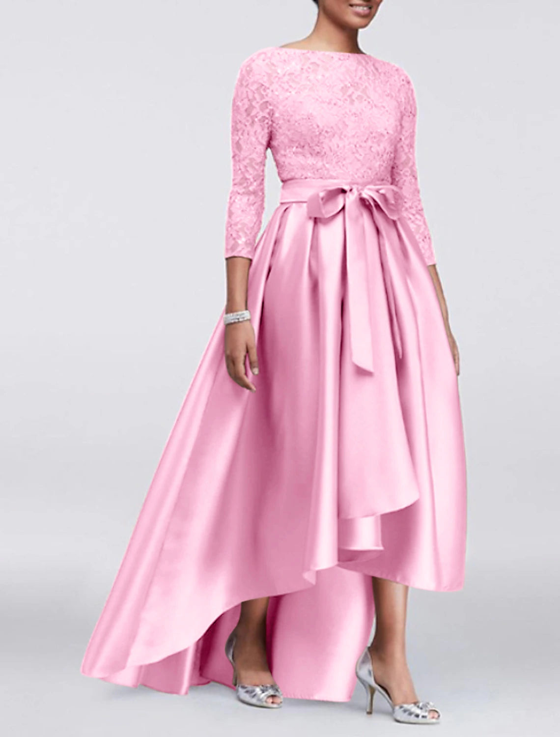 A-Line Wedding Guest Dress Plus Size Satin Lace 3/4 Length Sleeve Mother of the Bride Dress High Low Jewel Neck Asymmetrical Dress  with Sash / Ribbon Appliques