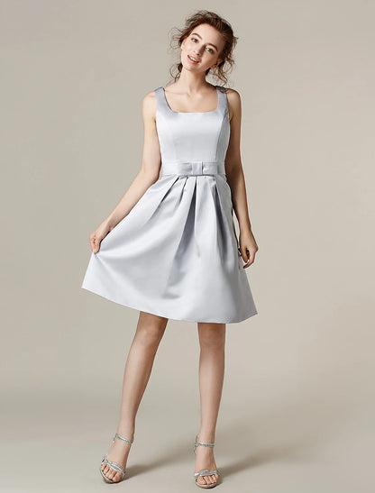 A-Line Bridesmaid Dress Square Neck Sleeveless Knee Length Satin with Sash / Ribbon / Bow(s)