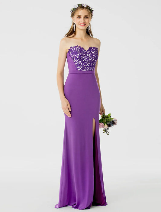 Sheath / Column Bridesmaid Dress Sweetheart Sleeveless Open Back Floor Length Jersey / Floral Lace with Sash /  Appliques / Split Front