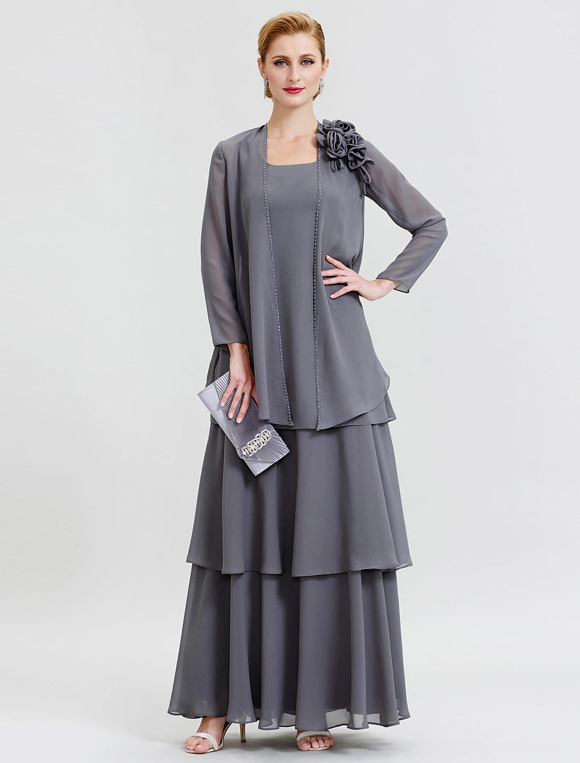 A-Line  Floral Tiered  Scoop Neck Floor Length Wedding Guest Party Dress Chiffon Long Sleeve Wrap Included Mother of the Bride Dress with Beading Flower
