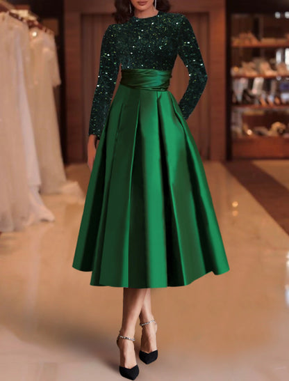 A-Line Cocktail Dresses Wedding Guest Dress Red Green Dress Tea Length Long Sleeve Jewel Neck Satin with Pleats Sparking Sequins