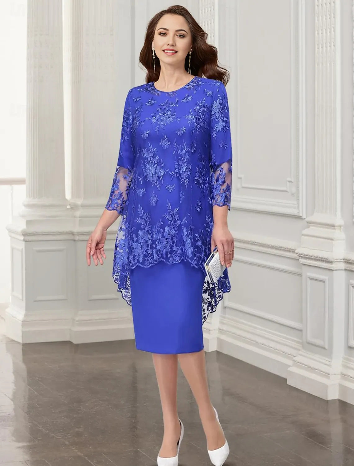 Two Piece Sheath / Column Mother of the Bride Dress Wedding Guest Elegant Jewel Neck Tea Length Chiffon Lace Sleeveless Jacket Dresses with Appliques