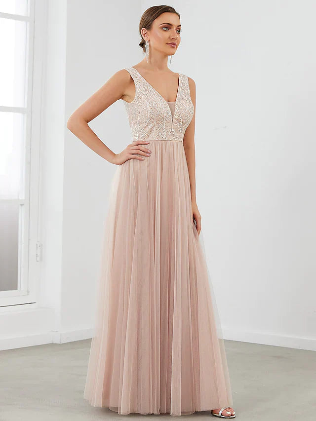 A-Line Evening Gown Elegant Dress Wedding Guest Floor Length Sleeveless V Neck Tulle V Back with Sequin Draping