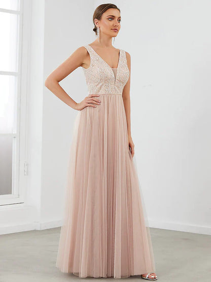 A-Line Evening Gown Elegant Dress Wedding Guest Floor Length Sleeveless V Neck Tulle V Back with Sequin Draping