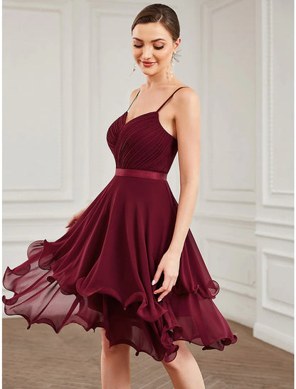 A-Line Homecoming Dresses Elegant Dress Cocktail Short / Mini Sleeveless Sweetheart Chiffon with Pure Color Tiered